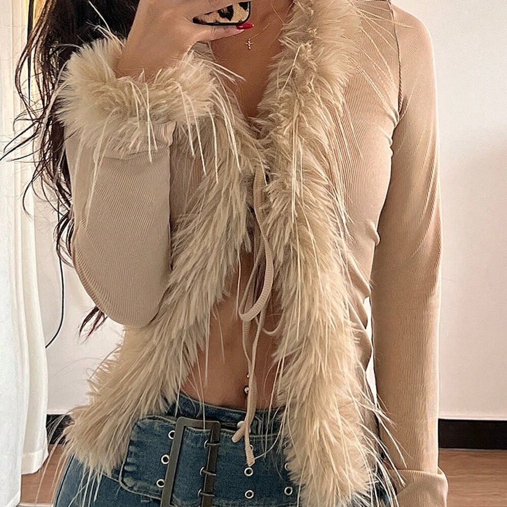 Khaki Casual Women's Fringed V-Neck Knitted Cardigan